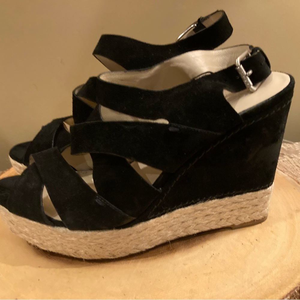 KORS MICHAEL KORS CYNTHIA Black Suede Designer Wedge‎ Platform Sandal 10M 265$ - Picture 2 of 7